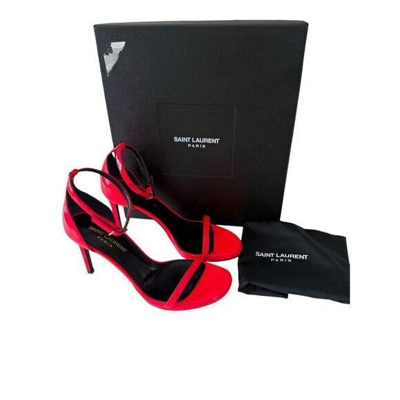 NWT Saint Laurent Patent Leather Peep Toe Strappy Heels Hot Pink Women's Size 36 - Picture 2 of 9